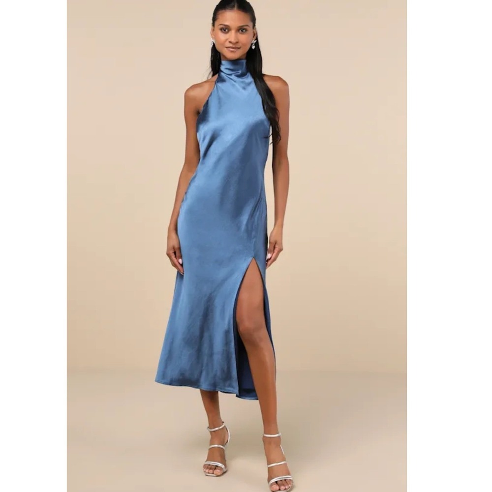 Lulus Exceptional Status Blue Satin Halter Midi Slip Dress Tie Back Side Slit XS
